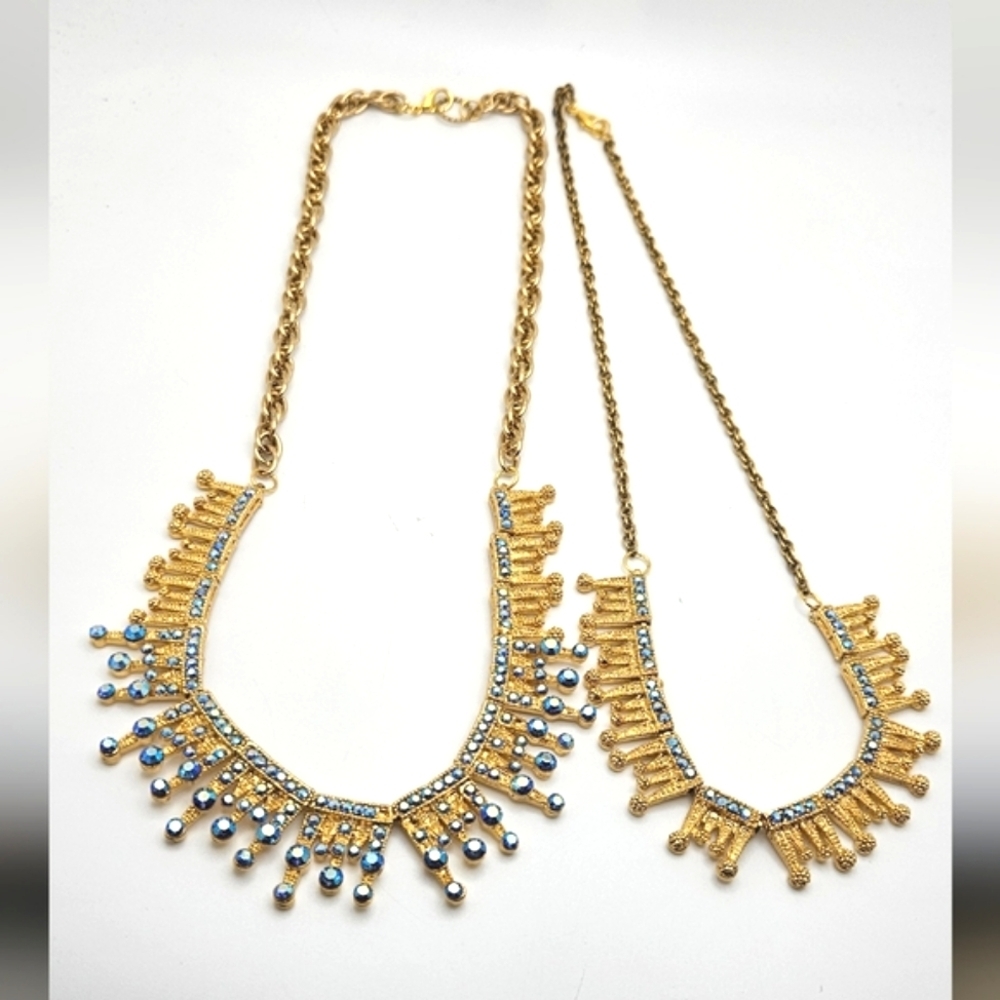 🟢3/$19🟢 Blue AB Rhinestone Gold Necklace Set Lot of 2 HOLIDAY Party - Picture 4 of 7